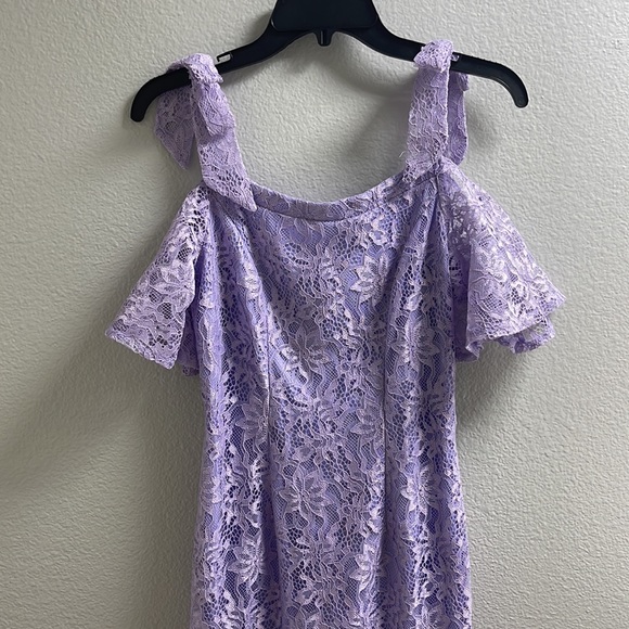 Cold Shoulder Short Sleeve Lace Dress Below Knee Length Purple Extra Small - Picture 4 of 14